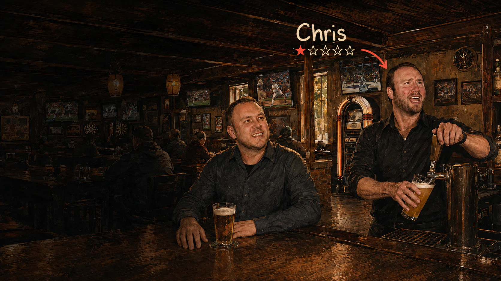 The Savage Moose owner at the bar while Chris pours a beer behind the counter, with a playful one-star Chris annotation