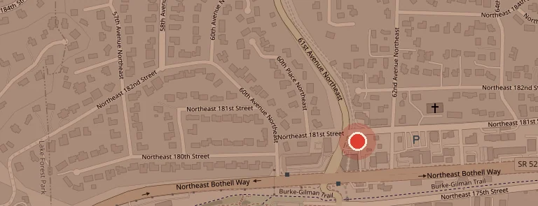 Map showing Savage Moose at the corner of 61st Ave NE and NE 181st St in Kenmore, just north of Bothell Way